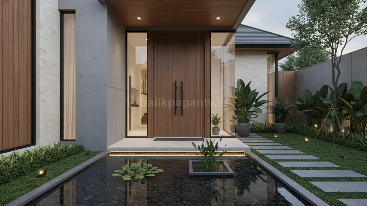 Pintu utama berukuran tinggi dengan material kayu solid menciptakan kesan elegan sejak area masuk rumah. (BTV/Ai)