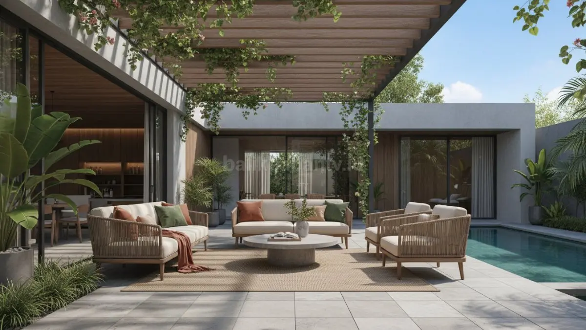 Ruang tamu outdoor sederhana dengan furnitur tahan cuaca untuk aktivitas keluarga harian.
