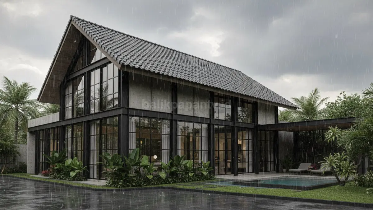 Rumah industrial modern dengan genteng beton gelap, kokoh menghadapi cuaca pesisir dan hujan deras. (BTV/Ai)
