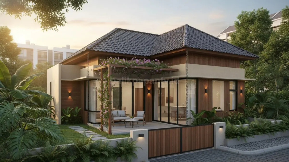Rumah kompak beratap limasan cocok untuk lahan perkotaan, tampil proporsional dan adaptif modern. (BTV/AI)
