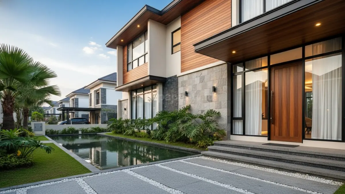 Rumah mewah Quiet Luxury dengan fasad travertine, kayu solid, dan garis arsitektur modern yang elegan. (BTV/Ai)