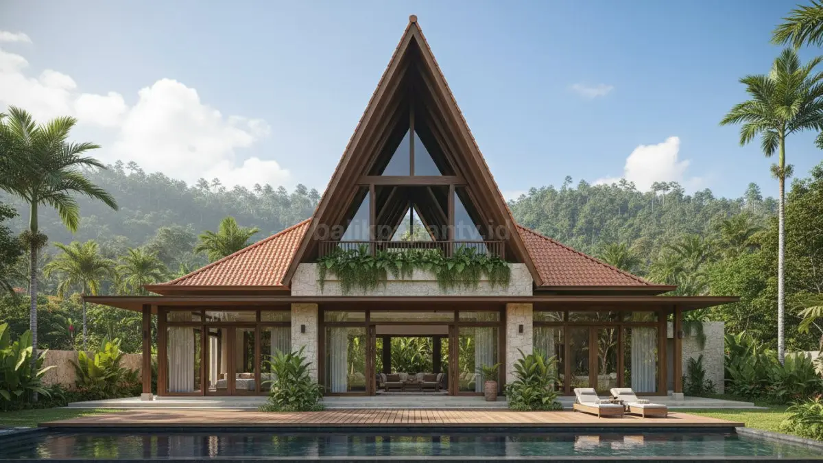 Rumah tropis modern beratap pelana tinggi, mendukung sirkulasi udara alami dan tahan hujan lebat. (BTV/Ai)
