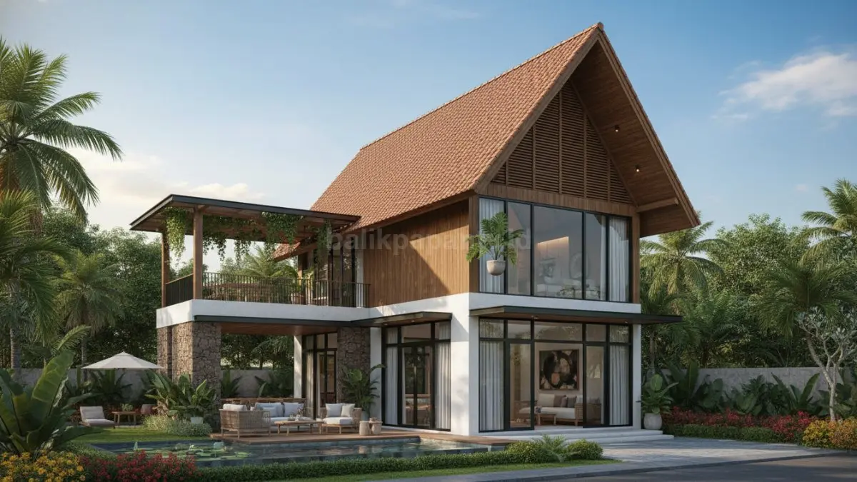 Rumah tropis modern beratap pelana tinggi mendukung sirkulasi udara optimal dan tahan hujan lebat. (BTV/Ai)
