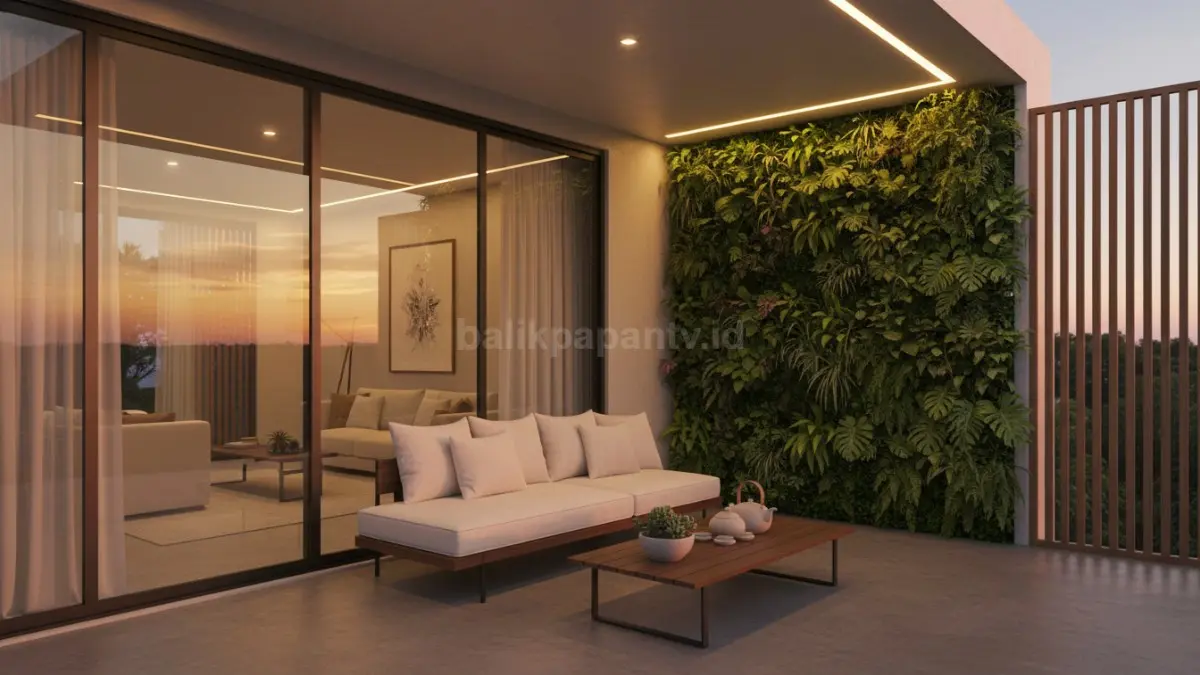 Sudut teras rumah modern dengan vertical garden dan pencahayaan hangat saat sore.
