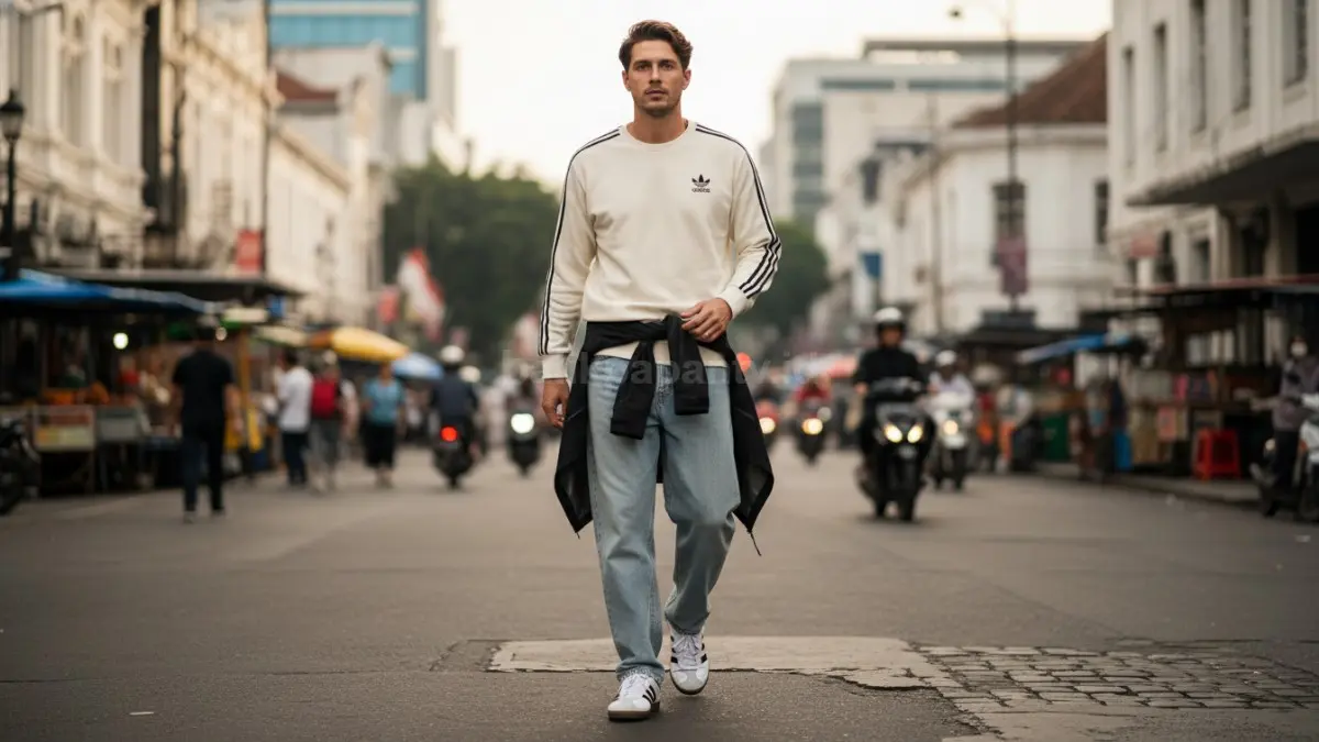 Sweatshirt dan Adidas Samba menciptakan gaya smart casual modern, rapi untuk agenda semi-formal.  (BTV/AI)