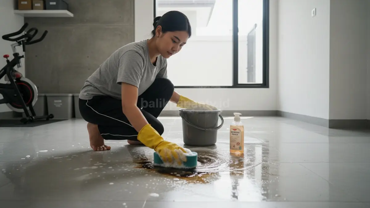 Taburan baking soda dan pasir kering membantu menyerap oli sebelum proses pembersihan.

