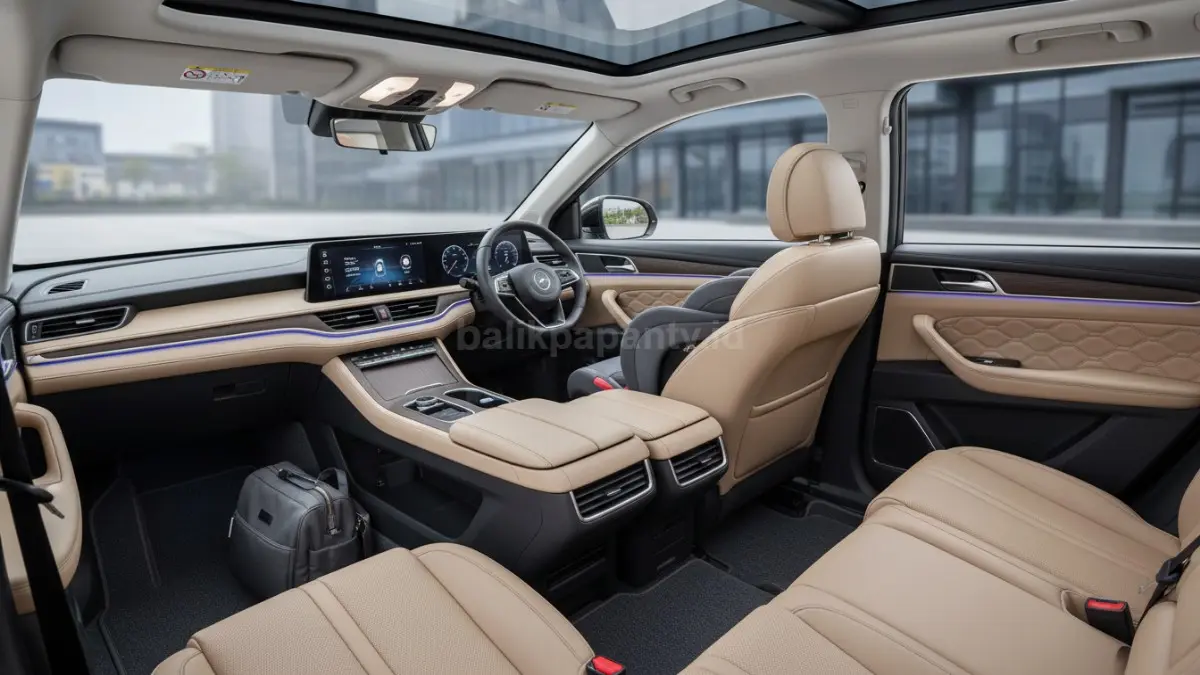 Tampilan interior BYD M6 DMI Cross dengan nuansa premium dan konfigurasi keluarga modern. (BTV/Ai)