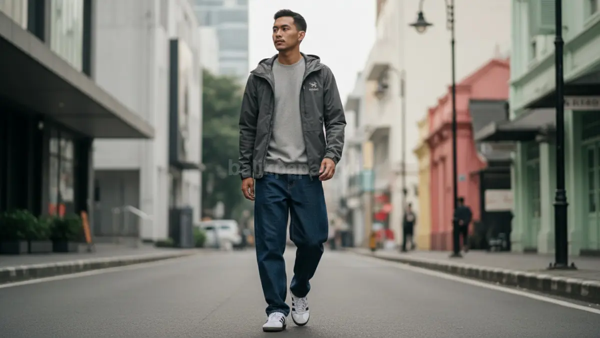 Tampilan monokrom Adidas Samba, sweatshirt abu-abu, dan Arc