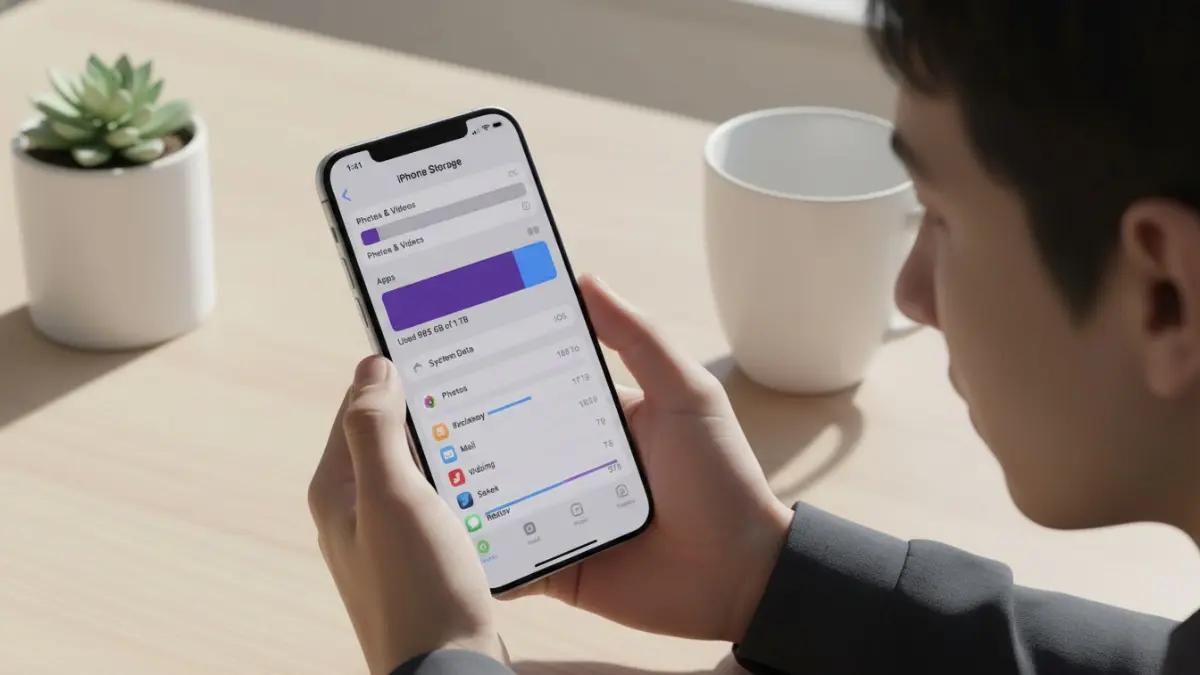 Tampilan penyimpanan iPhone 15 dianalisis untuk mengoptimalkan kapasitas, mengidentifikasi aplikasi besar, dan membersihkan ruang efektif. (BTV/AI)
