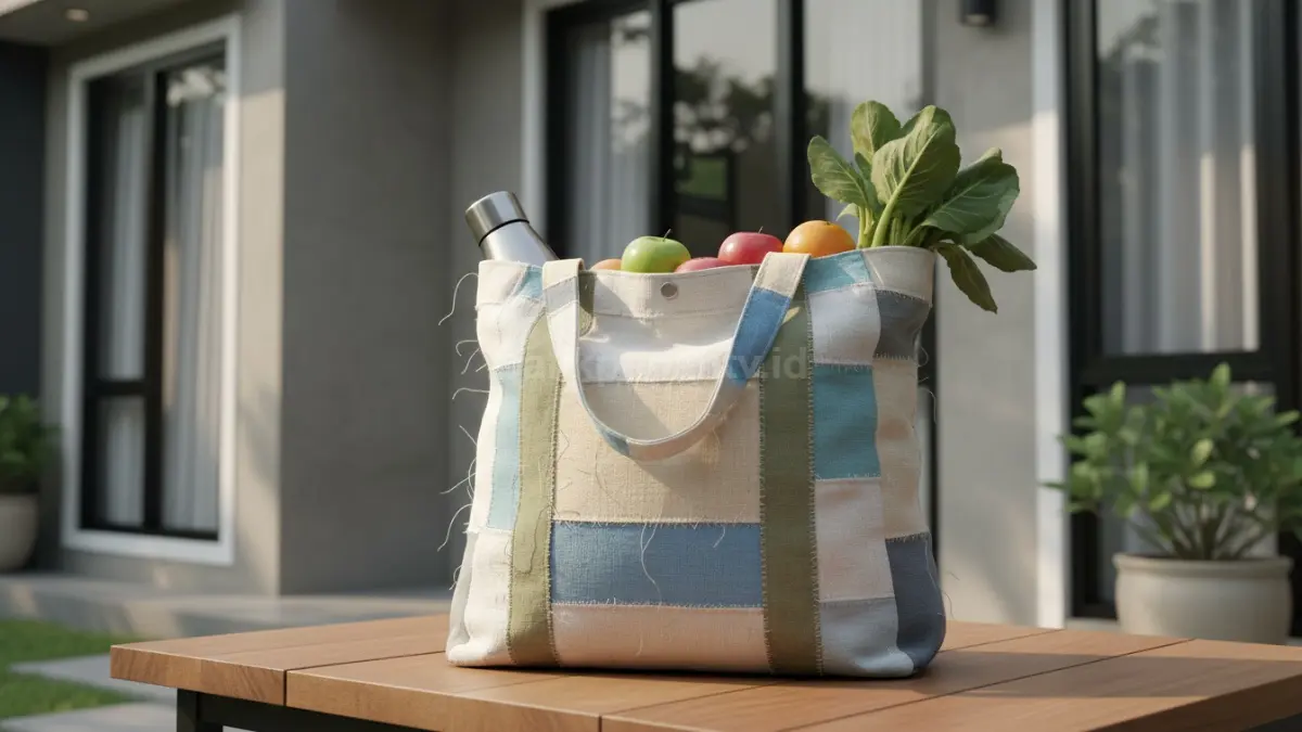 Tas belanja dari kain baju bekas hasil daur ulang yang praktis digunakan untuk kebutuhan harian.

