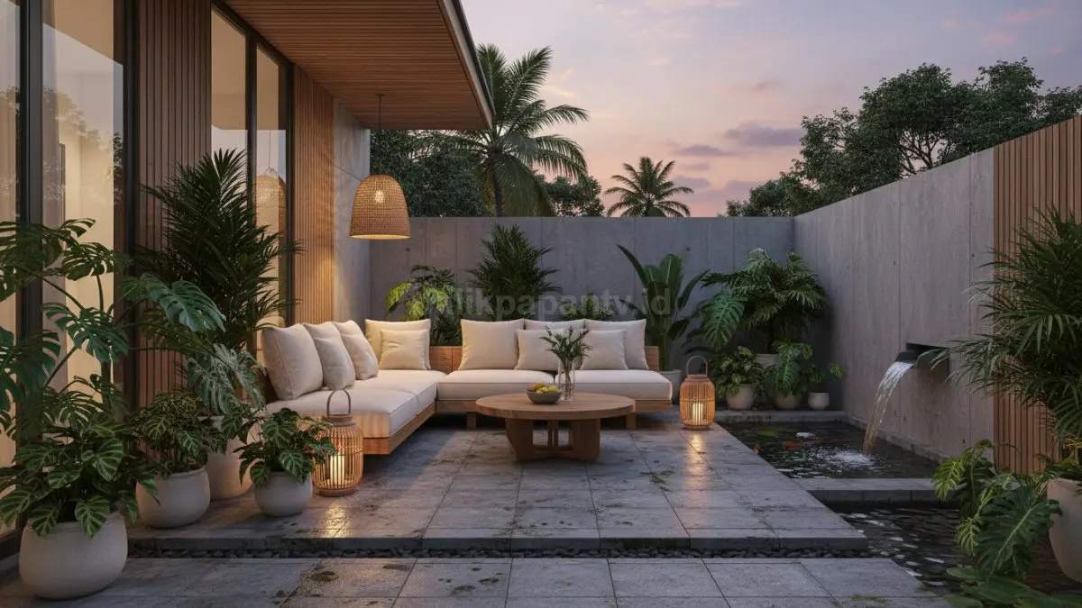 Teras ala resort tropis dengan tanaman hijau, lantai batu alam, dan furnitur outdoor premium. (BTV/Ai)
