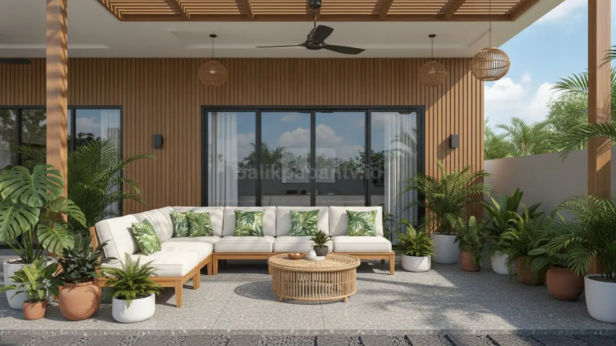 Teras multifungsi bergaya tropis modern dengan sofa outdoor nyaman dan tanaman hijau yang menyegarkan.
