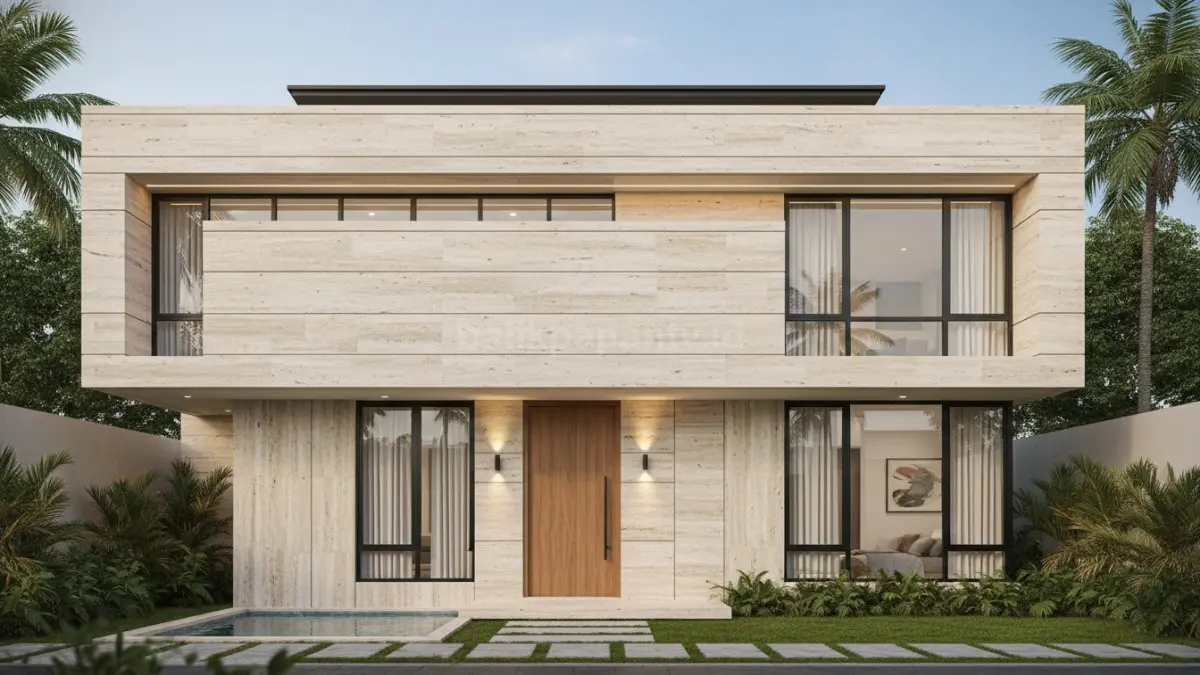 Travertine menghadirkan fasad elegan dengan tekstur alami dan garis desain yang bersih, menciptakan tampilan hangat, kokoh, dan berkelas. (BTV/Ai)