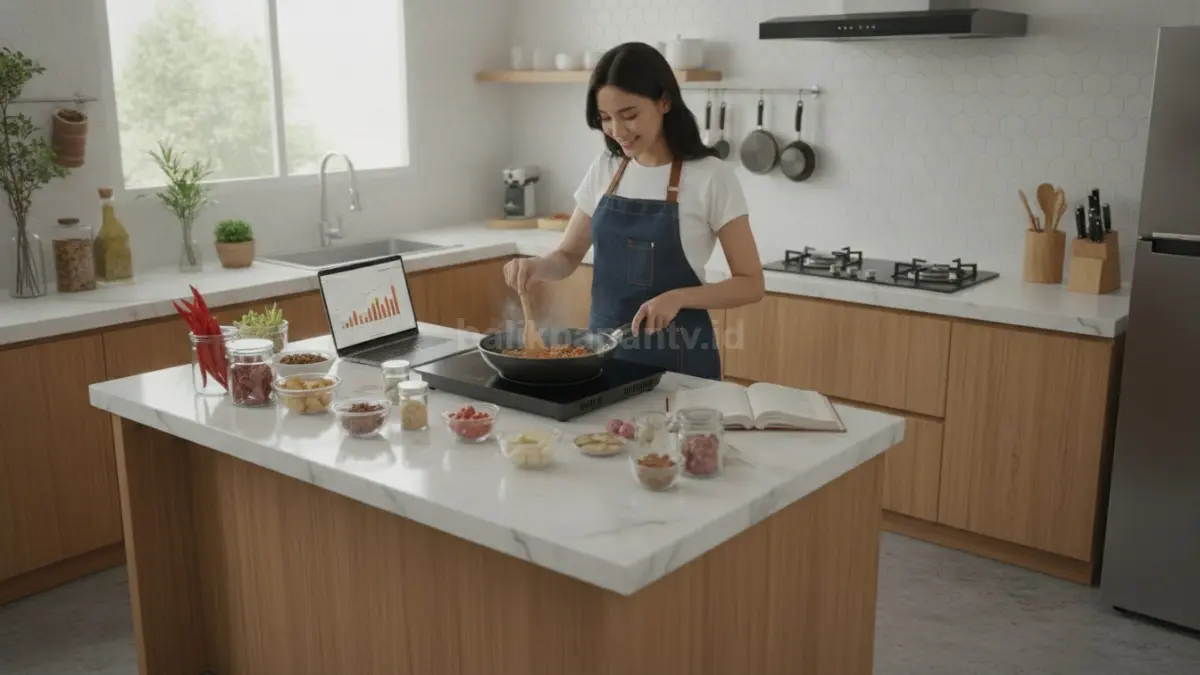 Aktivitas memasak di dapur rumah sebagai langkah awal mengubah hobi masak menjadi sumber cuan.
