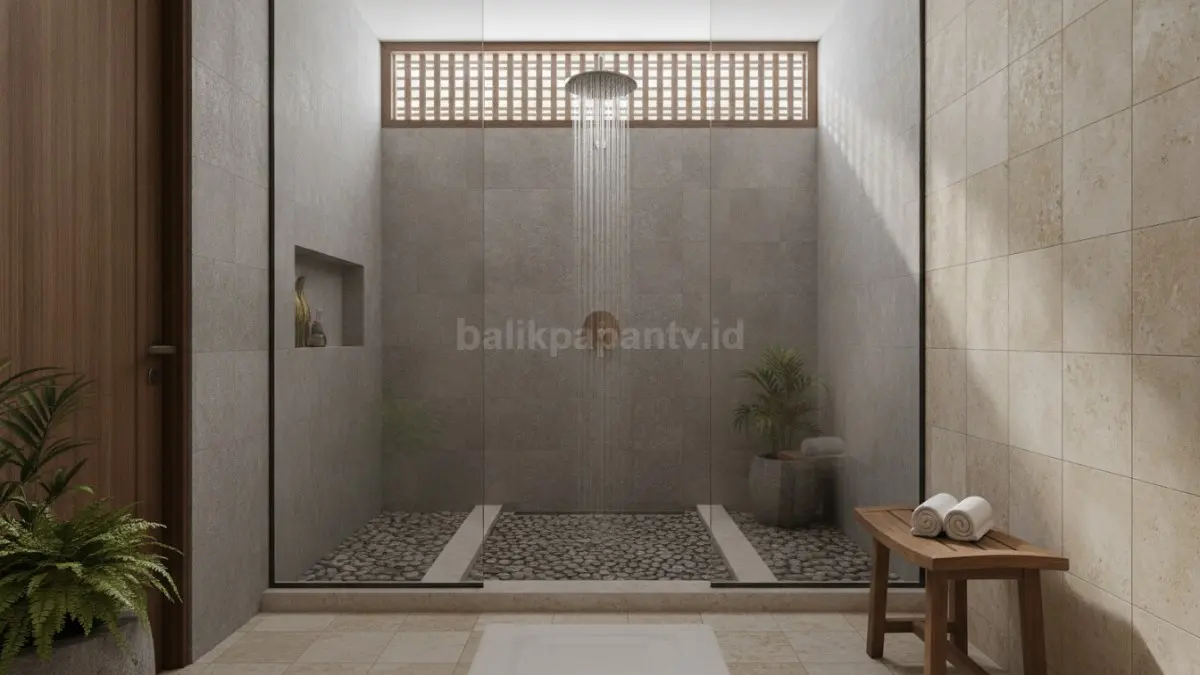 Area shower luas bergaya spa dengan kaca frameless, pancuran besar, dan material bernuansa alami menenangkan. (BTV/AI)
