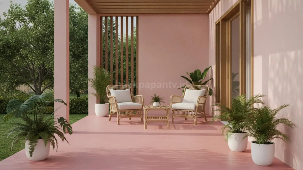 Area teras pink pastel dengan kursi rotan dan tanaman hijau untuk hunian tropis.
