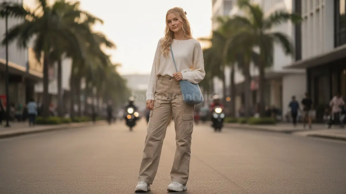 Cargo pants dan knitwear ringan menghadirkan gaya modern, nyaman, santai, cocok untuk streetwear.  (BTV/AI)
