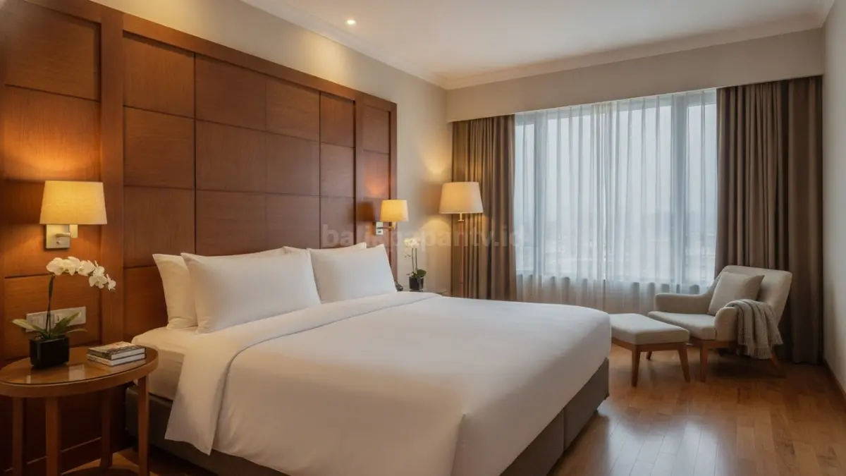 Dekorasi kamar tidur hotel bintang lima dengan headboard besar dan pencahayaan hangat yang menenangkan (BTV/Ai)