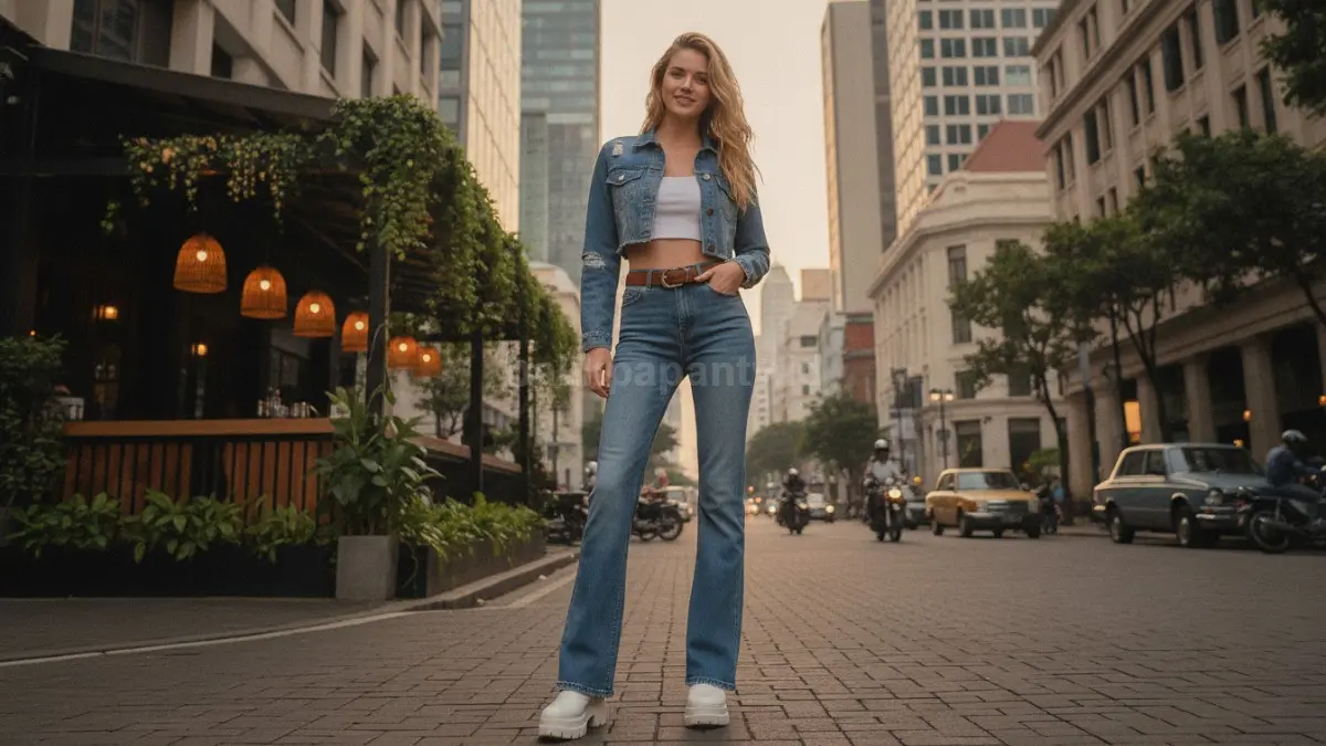 Denim on denim menghadirkan tampilan retro modern yang rapi, segar, dan mudah dipadukan.  (BTV/AI)
