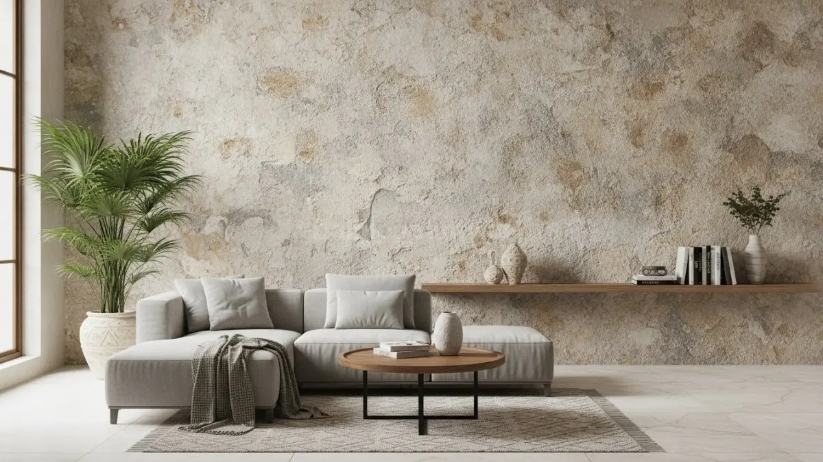Dinding bertekstur travertine look pada ruang tamu modern yang menciptakan dimensi visual elegan (BTV/Ai)