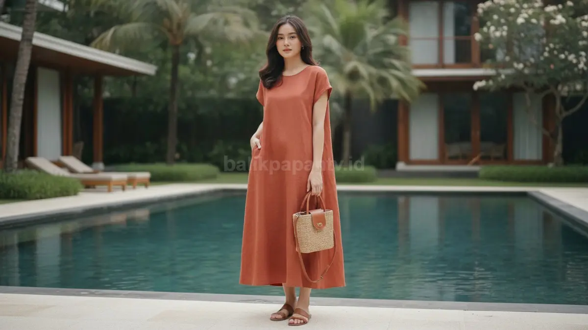 Dress minimalis berpotongan bersih menawarkan tampilan elegan, fleksibel, dan mudah dipadukan berbagai aksesori. (BTV/AI)
