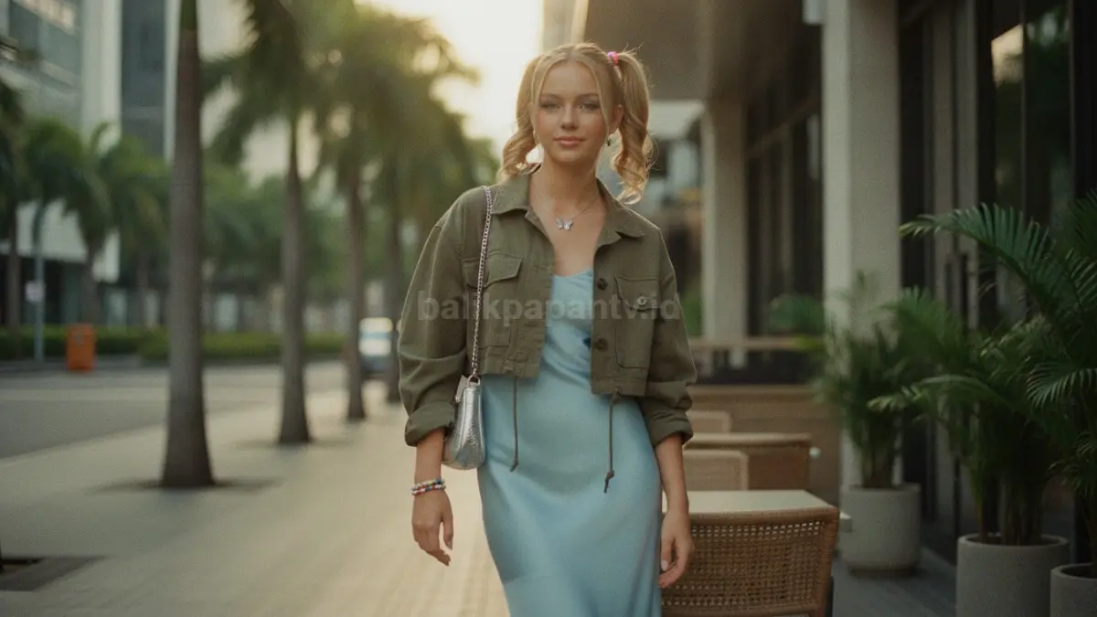 Dress minimalis dengan layering jaket menciptakan tampilan fleksibel, modern, dan tidak monoton sehari-hari.  (BTV/AI)
