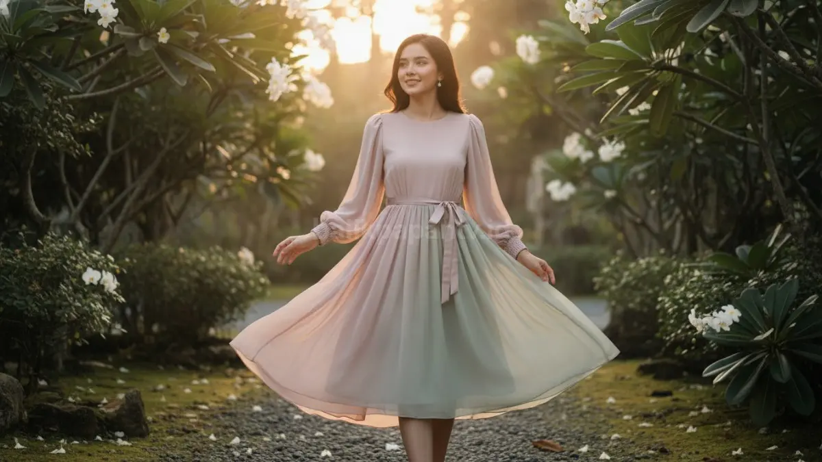 Dress romantis modern memadukan detail feminin sederhana dengan kenyamanan untuk gaya sehari-hari. (BTV/AI)
