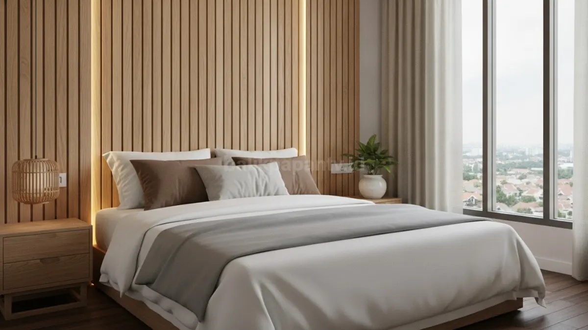 Headboard bilah kayu vertikal menciptakan kesan tinggi, rapi, modern, dan elegan pada kamar.  (BTV/AI)
