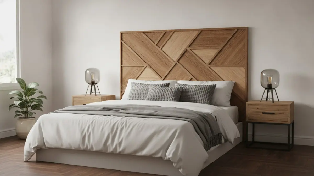 Headboard geometris modern menghadirkan aksen artistik, unik, dan menjadi fokus utama kamar tidur.  (BTV/AI)

