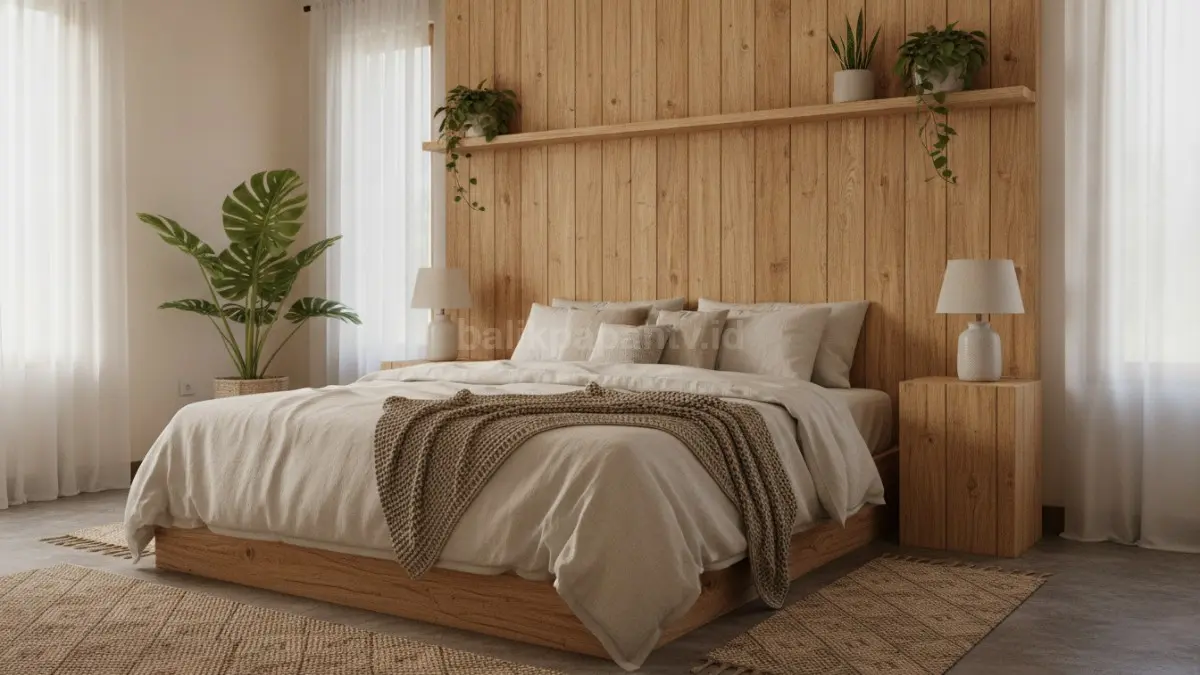 Headboard kamar DIY dari kayu natural menghadirkan suasana hangat dan fungsional.  (BTV/AI)
