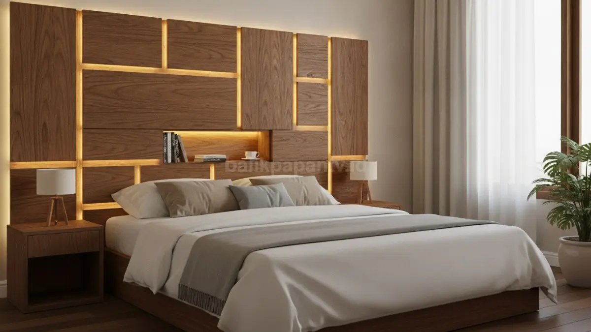 Headboard kayu dengan lampu LED menciptakan suasana hangat, modern, dan nyaman saat beristirahat.  (BTV/AI)
