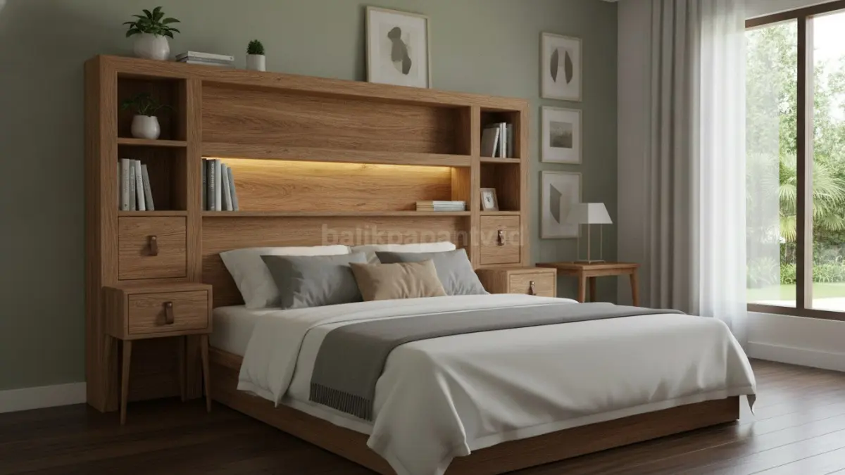 Headboard kayu dengan rak penyimpanan multifungsi, membantu menghemat ruang sekaligus mempercantik kamar tidur. (BTV/AI)
