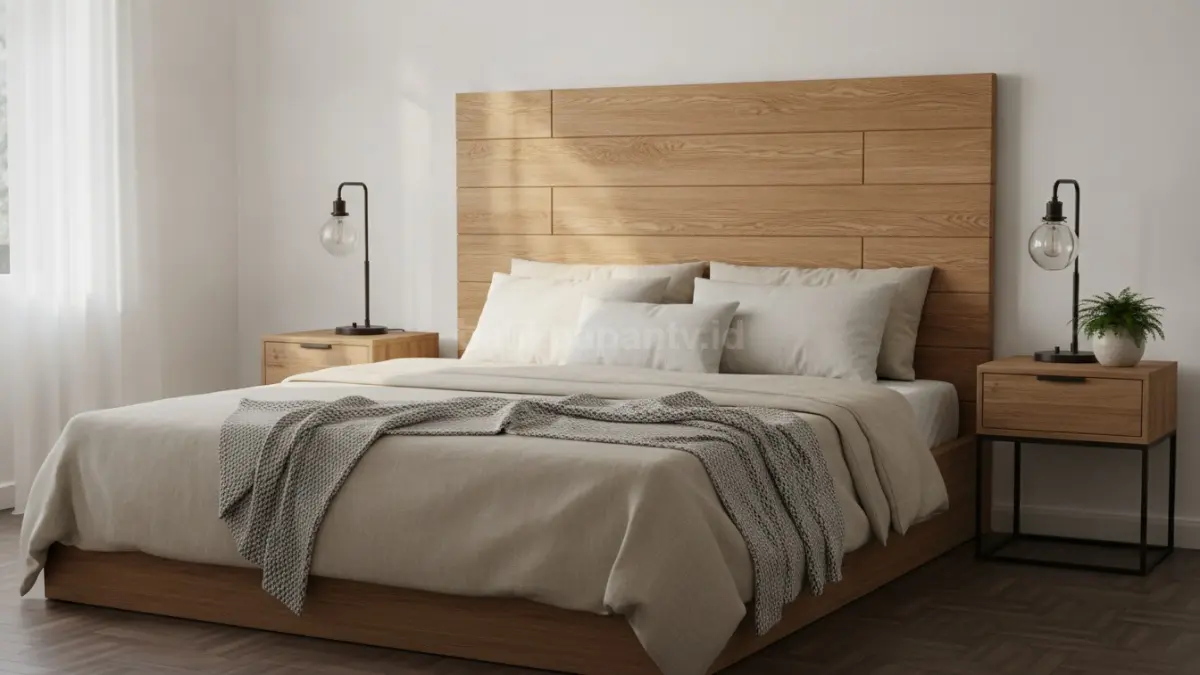 Headboard minimalis finishing natural menghadirkan tampilan bersih, awet, mudah dirawat, dan tetap relevan.  (BTV/AI)
