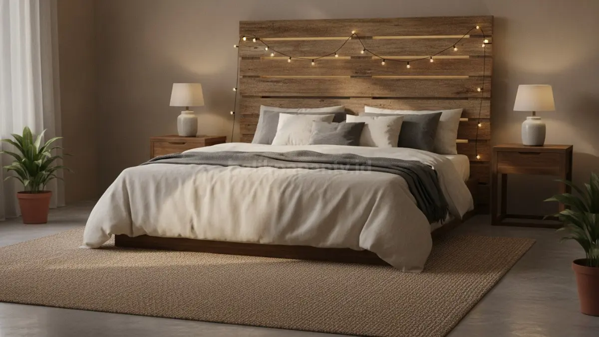 Headboard pallet kayu rustic menghadirkan nuansa alami, hangat, ekonomis, dan cocok untuk berbagai kamar.  (BTV/AI)
