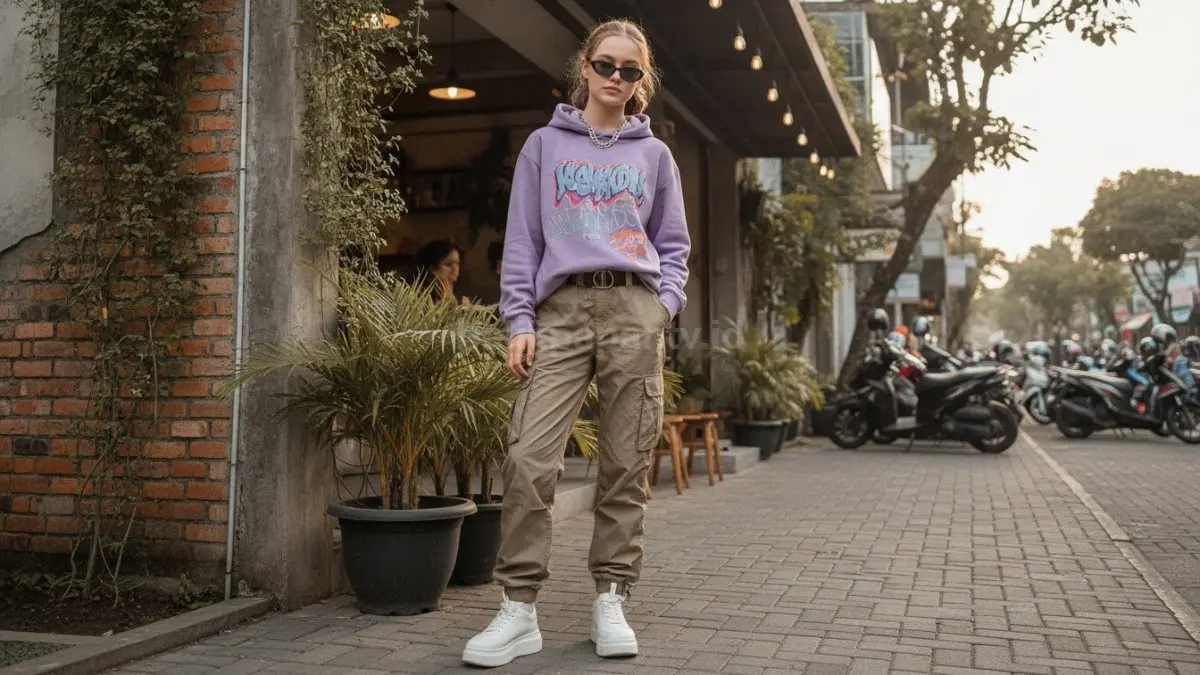 Hoodie oversized dan cargo pants menghadirkan gaya Y2K santai, nyaman, serta praktis seharian.  (BTV/AI)
