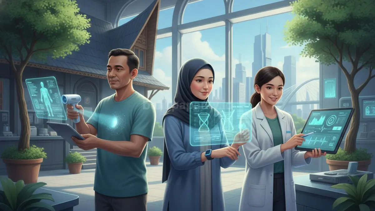 Ilustrasi Inovasi kesehatan modern membantu mencegah penyakit, memantau kondisi tubuh, dan meningkatkan kualitas hidup presisi. (BTV/AI)