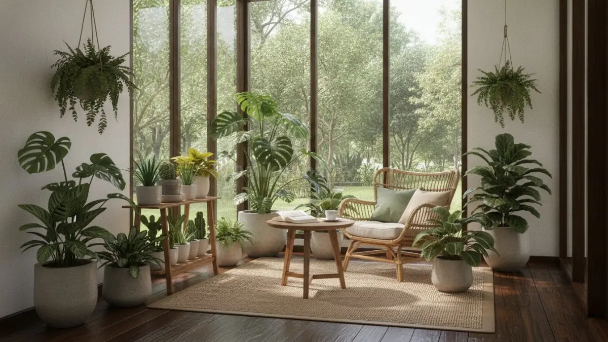 Indoor garden modern dekat jendela dengan tanaman hijau yang menciptakan suasana segar dan nyaman (BTV/Ai)