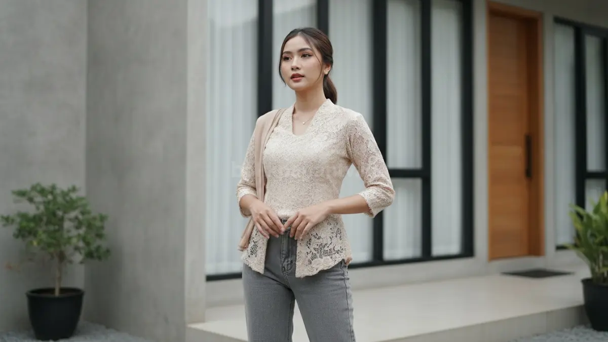 Inspirasi fashion kebaya mix jeans dengan kombinasi warna netral yang serasi.
