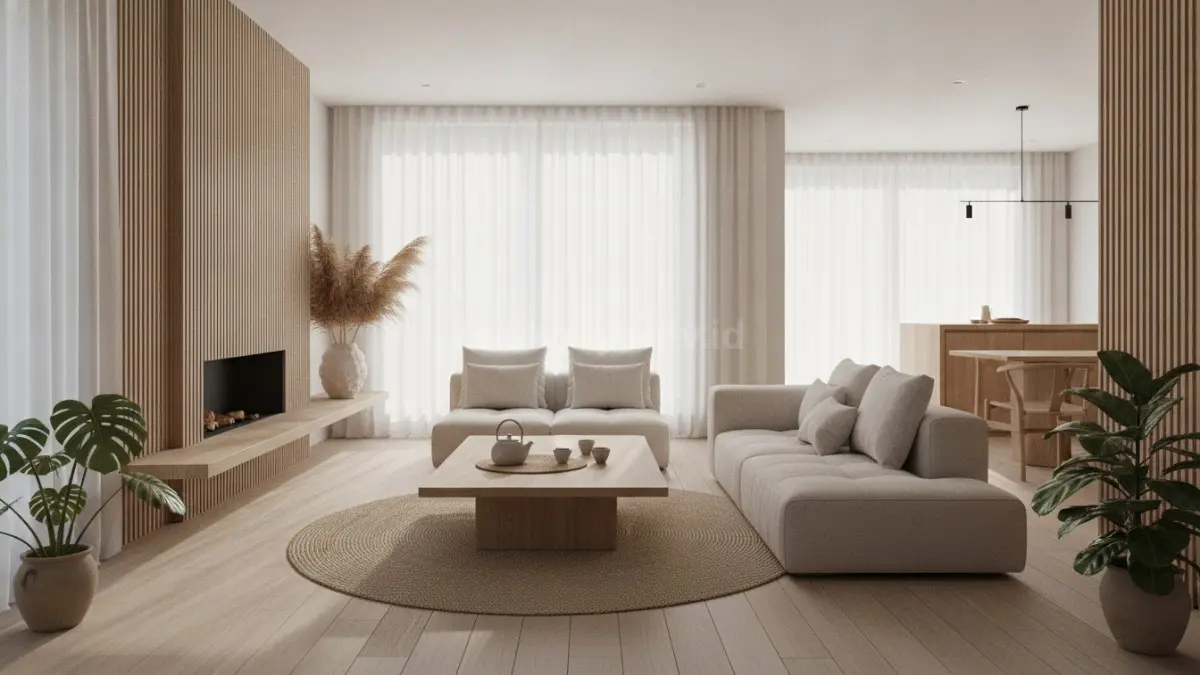 Interior rumah Japandi Modern dengan dominasi kayu alami, warna netral, dan pencahayaan alami yang menenangkan (BTV/Ai)