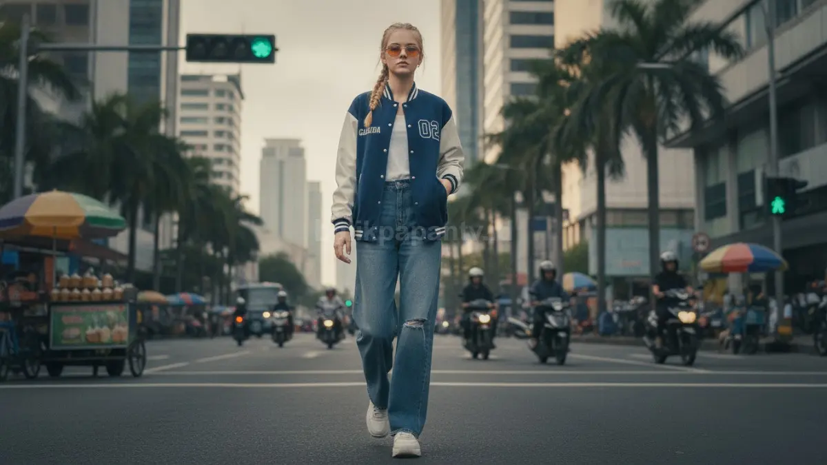 Jaket varsity dan wide leg jeans menghadirkan gaya sporty kasual dengan proporsi yang seimbang.  (BTV/AI)
