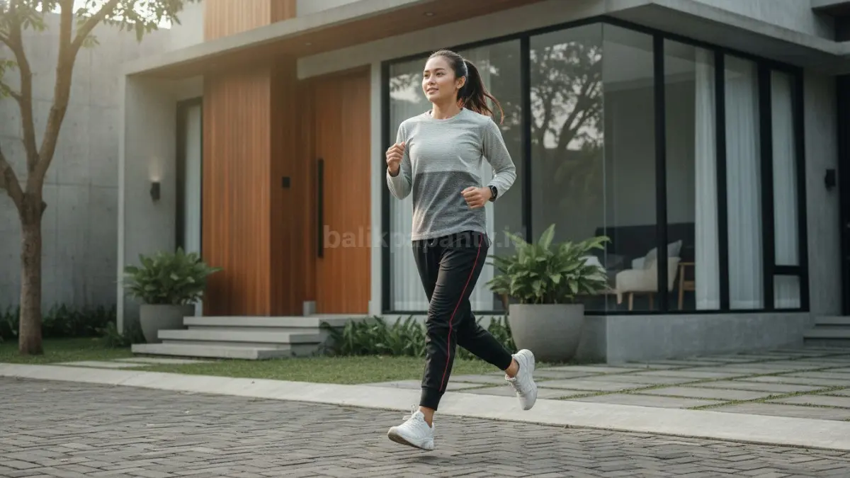 Kombinasi atasan ringan dan bawahan fleksibel untuk jogging yang nyaman.
