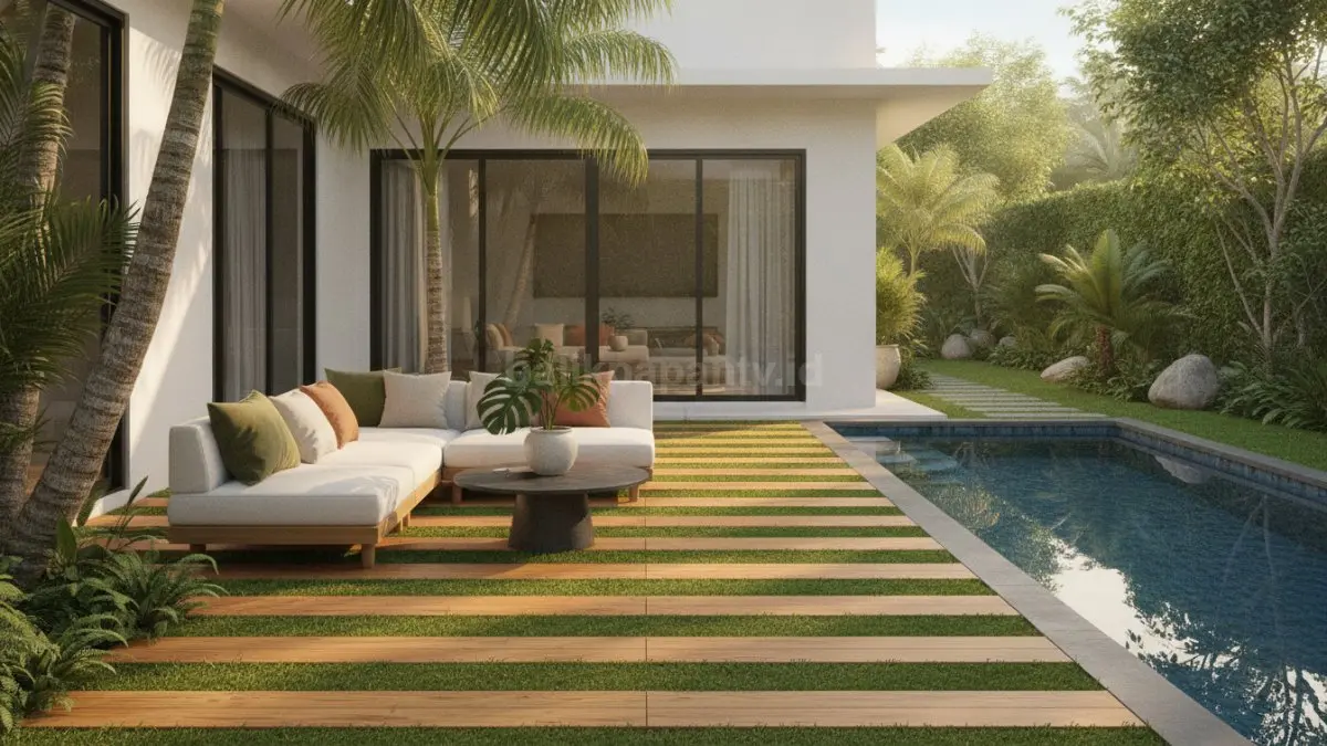 Kombinasi rumput sintetis dan dek kayu pada teras rumah minimalis tropis.
