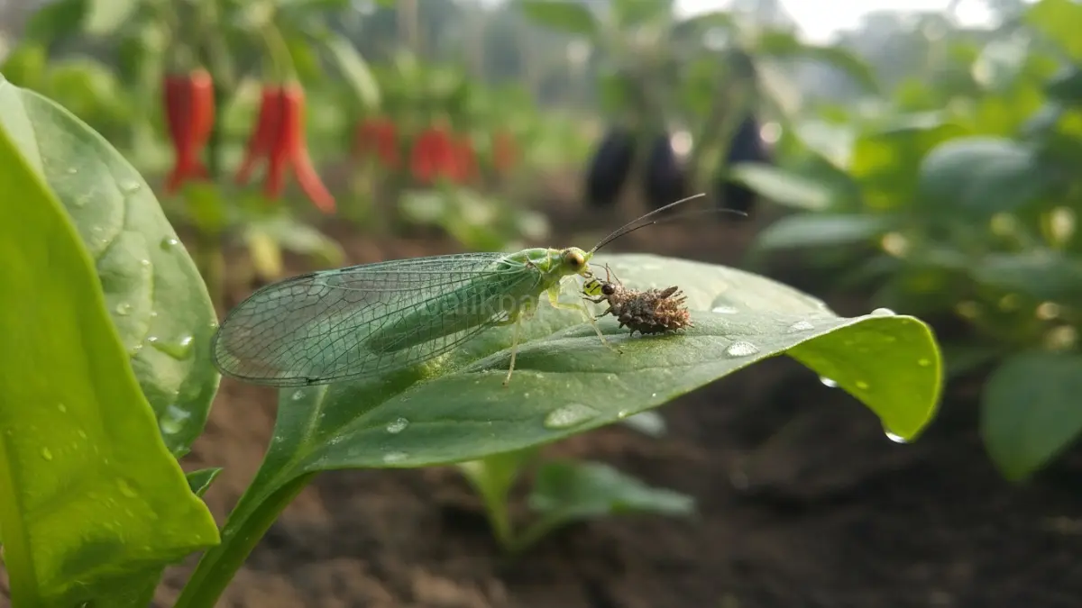 Lacewing hijau membantu mengendalikan kutu daun, thrips, dan telur hama secara alami di kebun.(BTV/AI) 