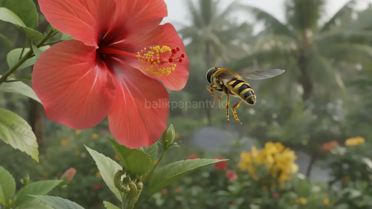 Lalat syrphid membantu penyerbukan bunga sekaligus mengendalikan kutu daun melalui larva predatornya yang aktif.(BTV/AI) 