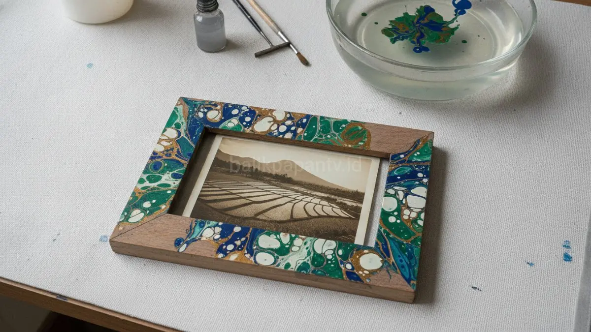 Marbling pada bingkai foto lama memberikan tampilan segar dan artistik tanpa perlu membeli dekorasi baru.(BTV/AI) 