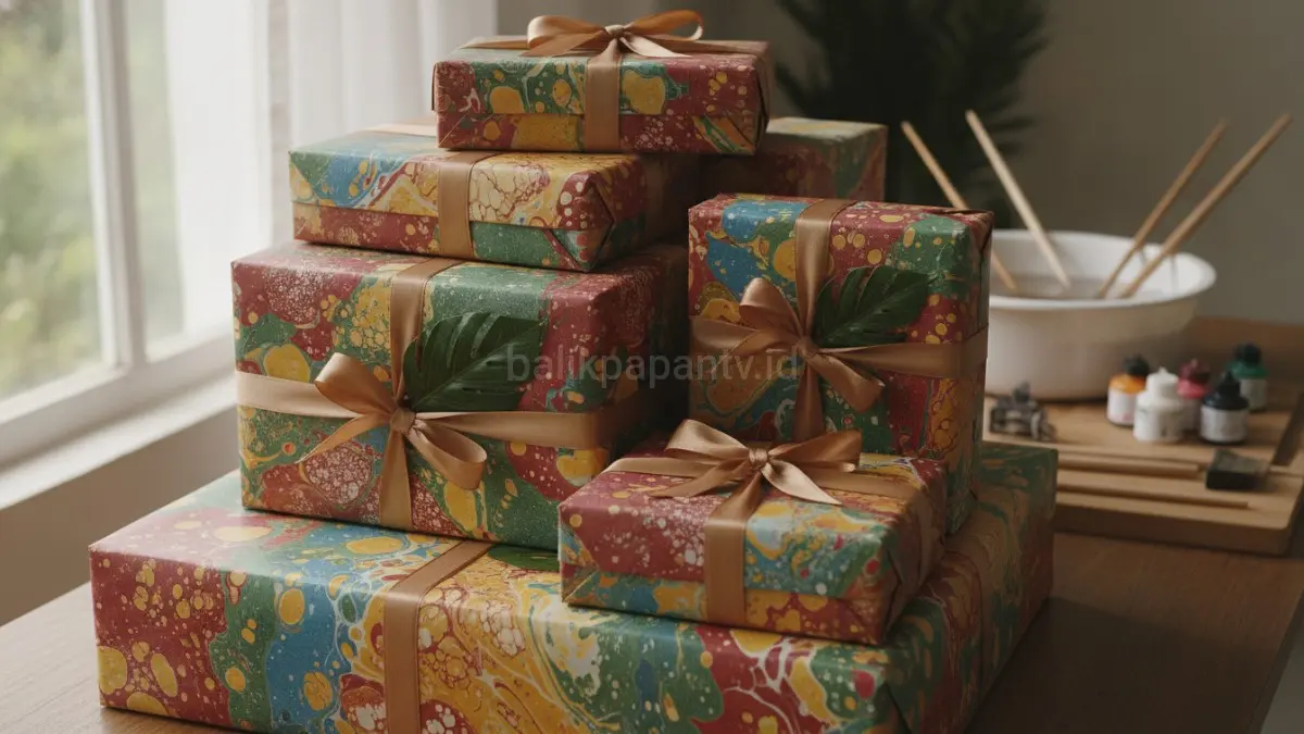 Marbling pada kemasan hadiah menghadirkan sentuhan personal dan artistik yang membuat pemberian terasa lebih istimewa.(BTV/AI) 