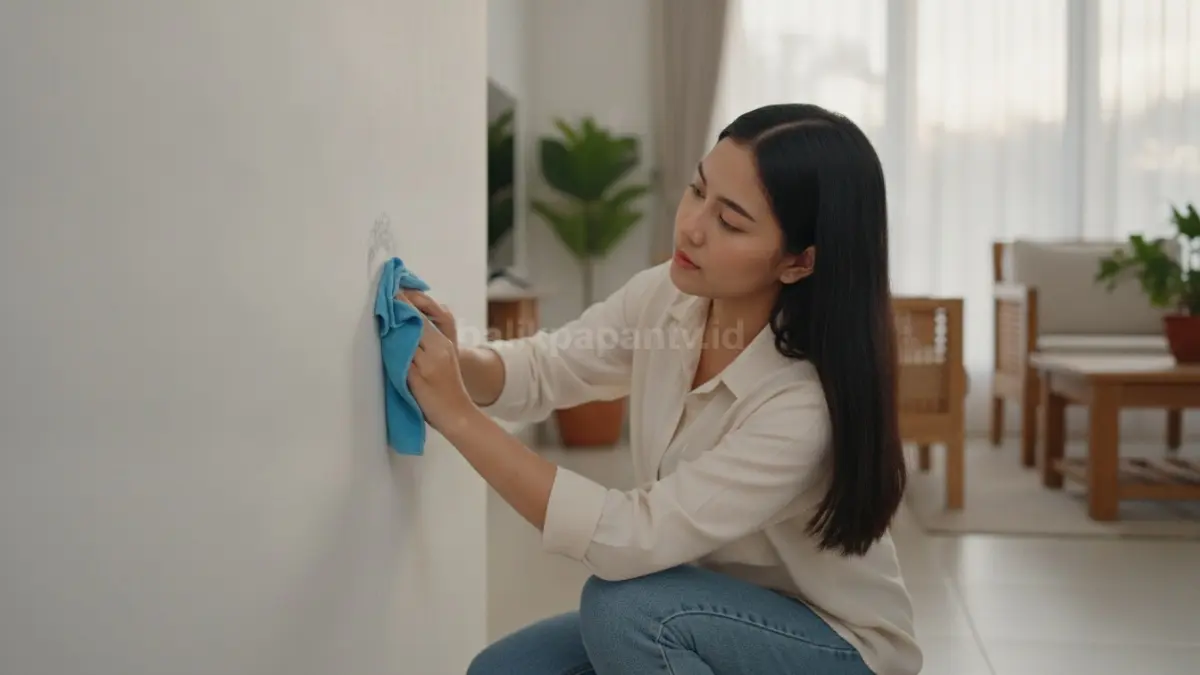 Membersihkan bekas gesekan di dinding dengan kain mikrofiber membantu menjaga cat tetap rapi dan awet. (BTV/AI)