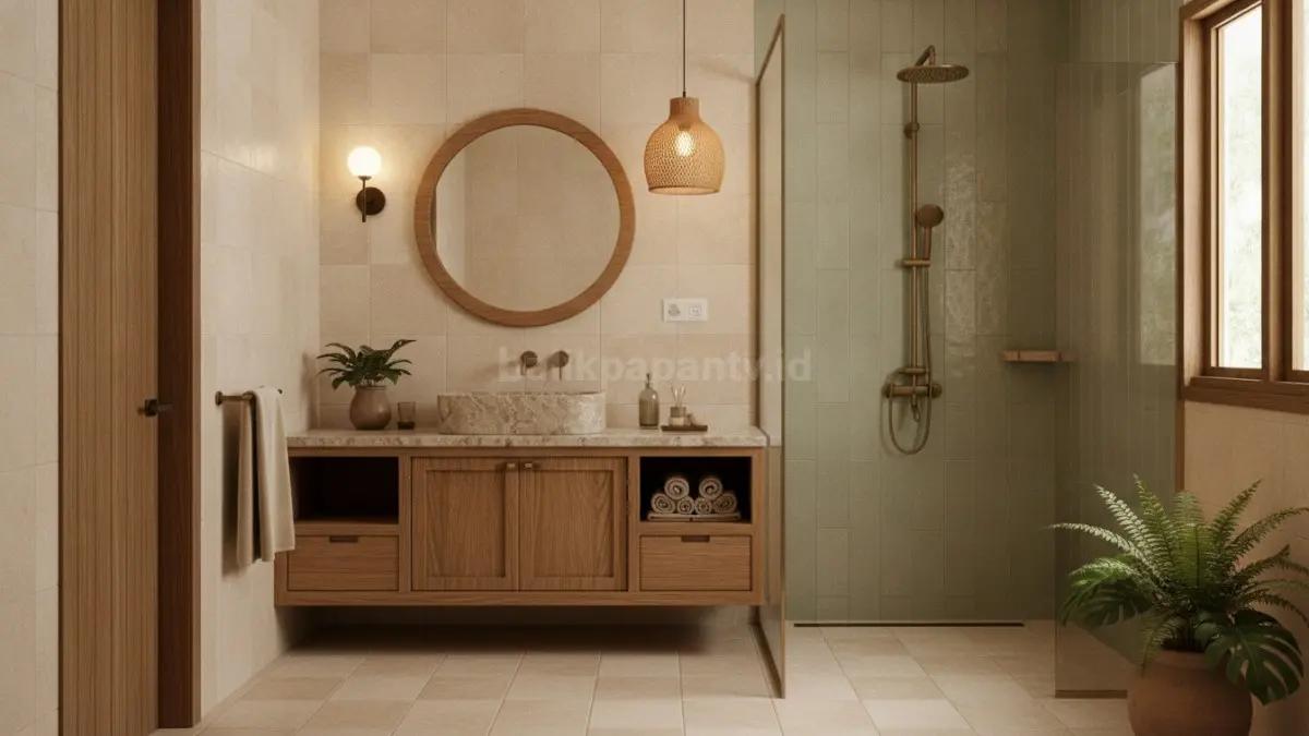 Palet warna hangat seperti beige dan hijau lembut menciptakan kamar mandi nyaman serta menenangkan. (BTV/AI)
