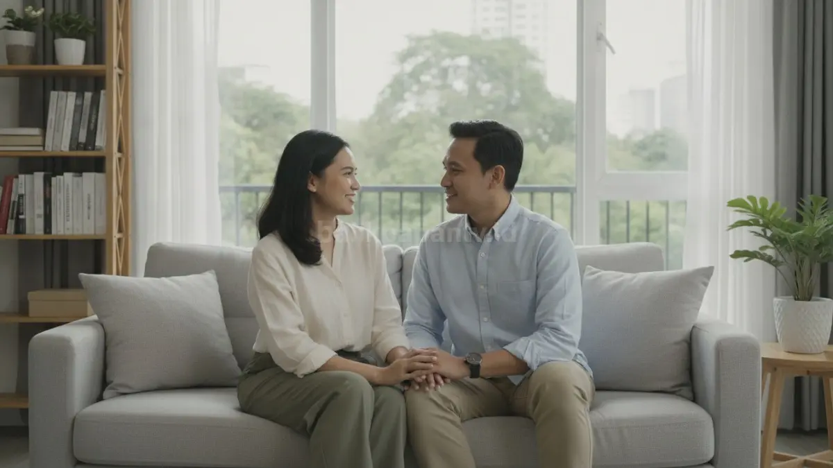 Pasangan sedang berbincang dengan nyaman sebagai gambaran healthy relationship yang saling menghargai.
