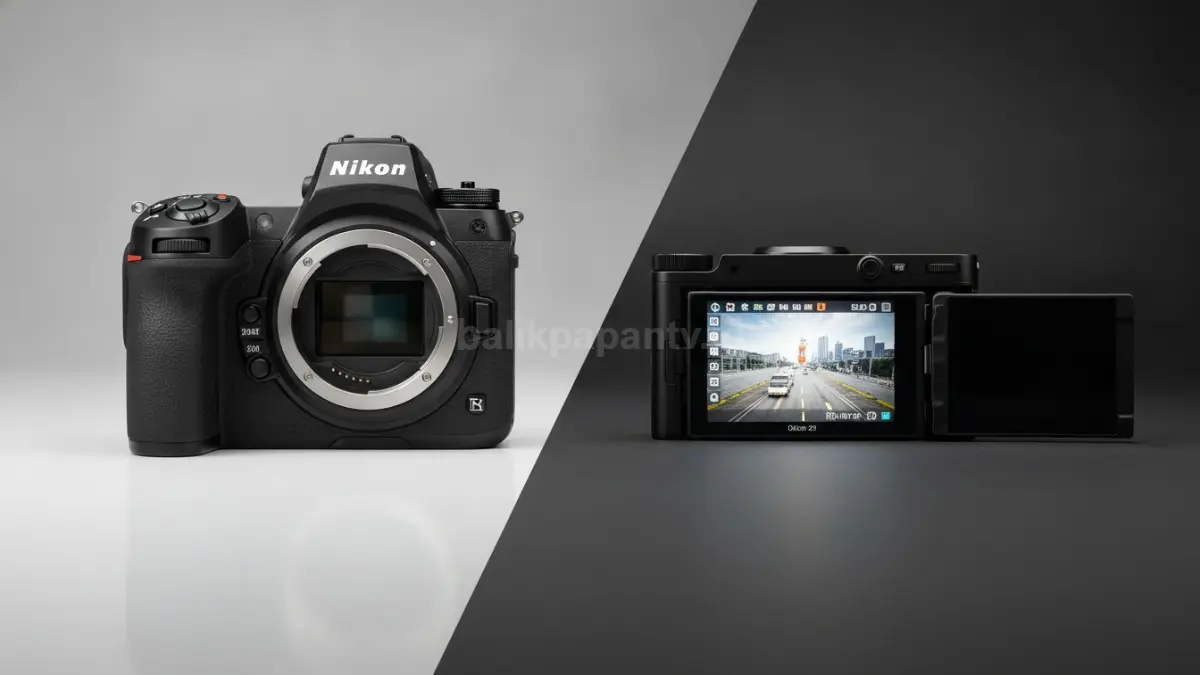 Perbandingan Nikon ZR dan Nikon Z8 menampilkan perbedaan desain, layar, serta kebutuhan kreator konten modern. (BTV/Ai)